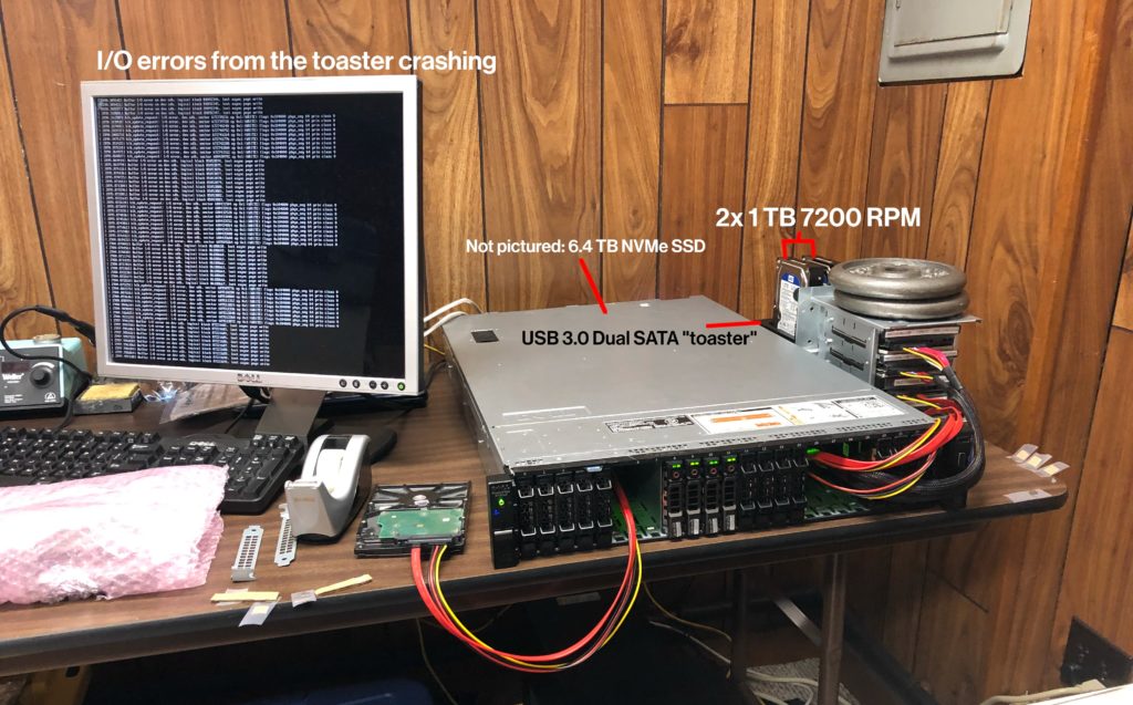 Annotated photo of the server and hard drives initially used for the computation